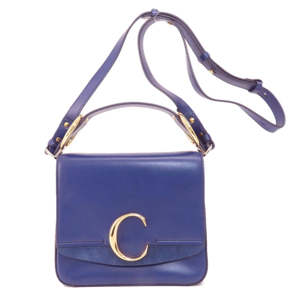 Chloe “C” Shoulder bag Navy leather and suede with gold hardware